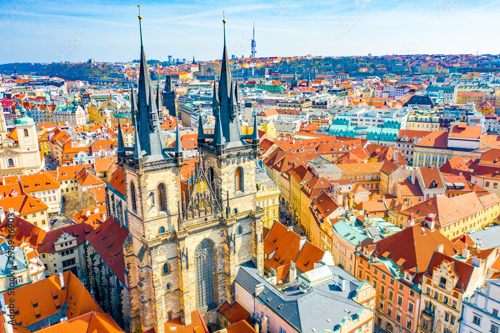 Aerial Panoramic View of Old Town of Prague, Czech Republic, Tyn Church, Clock Tower, Square  - Image