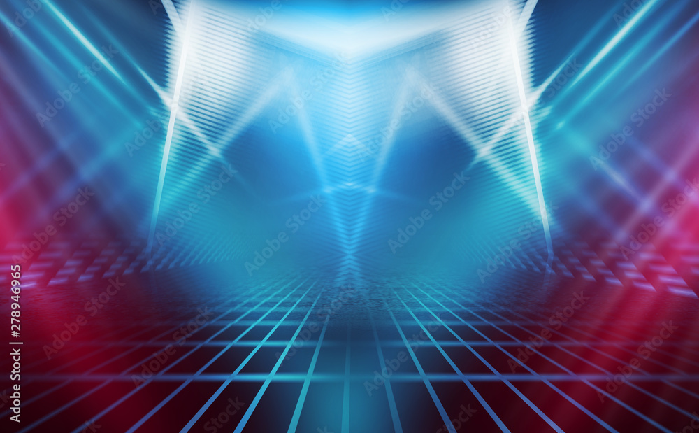 Empty background scene. Dark reflection of the street on the wet asphalt. Rays of blue and red neon light in the dark, neon figures, smoke. Background of empty stage show. Abstract dark background. Empty background scene. Dark reflection of the street on the wet asphalt. Rays of blue and red neon light in the dark, neon figures, smoke. Background of empty stage show. Abstract dark background.