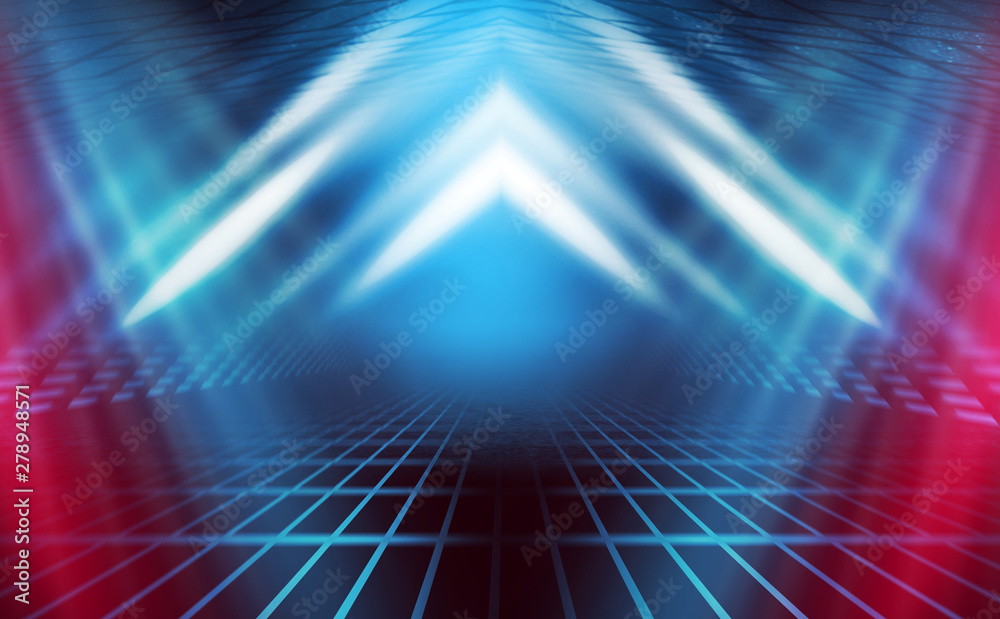 Empty background scene. Dark reflection of the street on the wet asphalt. Rays of blue and red neon light in the dark, neon figures, smoke. Background of empty stage show. Abstract dark background. Empty background scene. Dark reflection of the street on the wet asphalt. Rays of blue and red neon light in the dark, neon figures, smoke. Background of empty stage show. Abstract dark background.