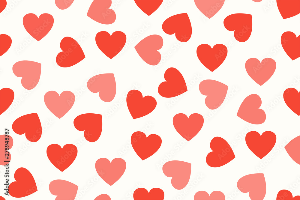 Red hearts on white background. A seamless pattern for fabrics, postcards, prints. Vector Wallpaper.  Valentine's day, wedding, sweet love concept