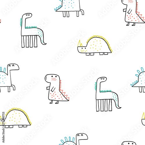 Baby seamless pattern with hand drawn dino in scandinavian style. Creative vector childish background for fabric, textile, wallpaper.