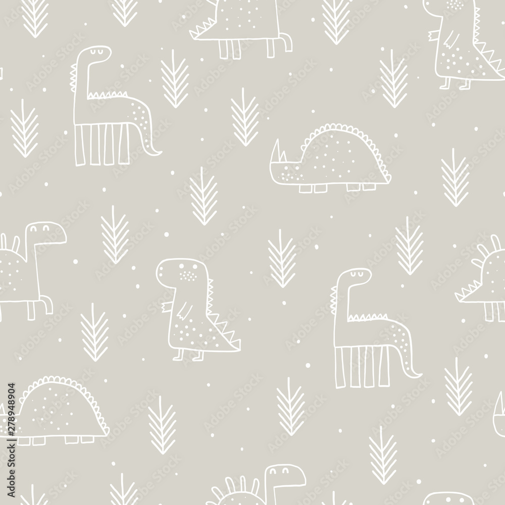 Baby seamless pattern with dinosaurs and tropical plants. Vector texture in childish style great for fabric and textile, wallpapers, backgrounds. Scandinavian style.