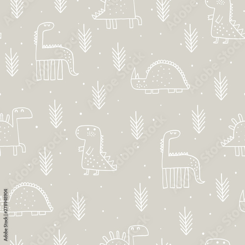 Fototapeta Naklejka Na Ścianę i Meble - Baby seamless pattern with dinosaurs and tropical plants. Vector texture in childish style great for fabric and textile, wallpapers, backgrounds. Scandinavian style.