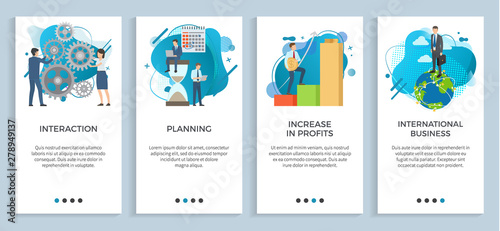International business vector poster with text, interaction with clients and increasing in profits, successful plan of people with ideas planning. Website app sliders with business concepts