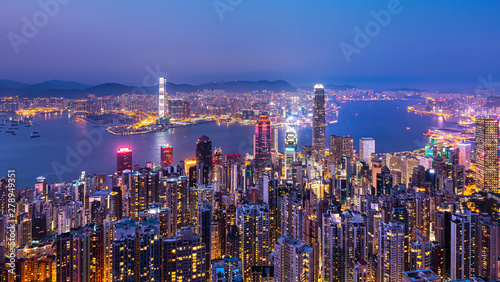 Canvas Print High view of Hong Kong skyline cityscape night light over Victoria harbour at Vi