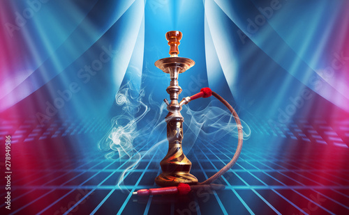 Hookah  smoke on a dark abstract background. Background of empty scenes with multicolored neon lights  reflection of night lights on wet pavement