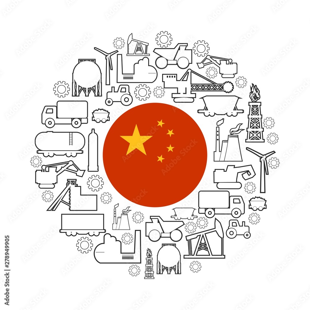 Obraz premium Concept of industrial plant and manufacture building. Energy generation and heavy industry. Brochure or cover design template. Circle frame with industrial thin line icons. Flag of the China