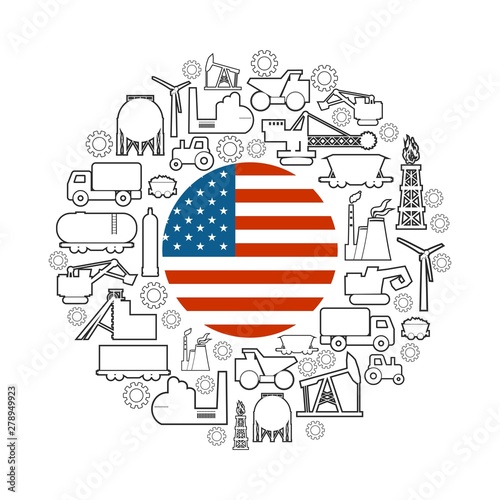 Concept of industrial plant and manufacture building. Energy generation and heavy industry. Brochure or cover design template. Circle frame with industrial thin line icons. Flag of the USA