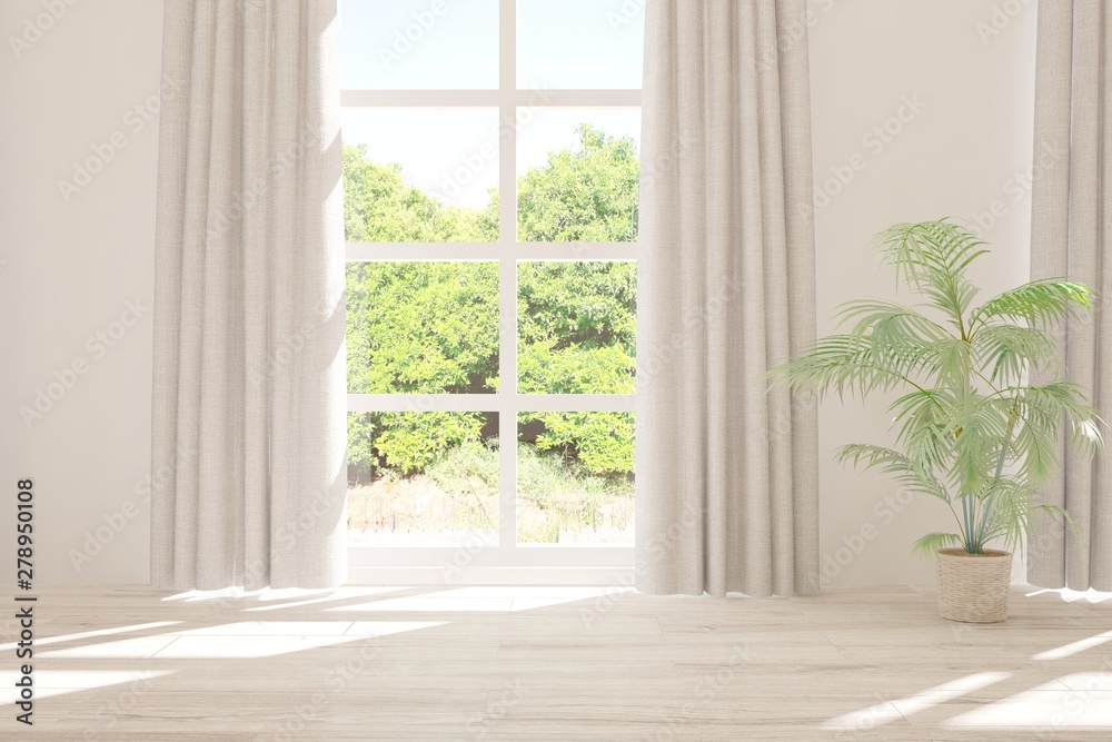 Fototapeta premium Stylish empty room in white color with summer landscape in window. Scandinavian interior design. 3D illustration