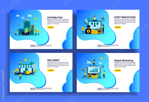 Set of modern flat design templates for Business, distribution, cost reduction, delivery, digital marketing. Easy to edit and customize. Modern Vector illustration concepts for business