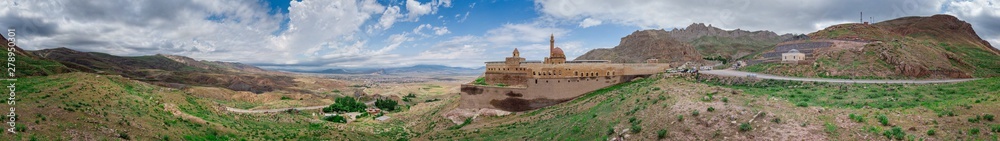 Aerial view of Ishak Pasha Palace is a semi-ruined palace and administrative complex located in the Dogubeyazit, Agri province of eastern Turkey. Ottoman, Persian, and Armenian architectural style