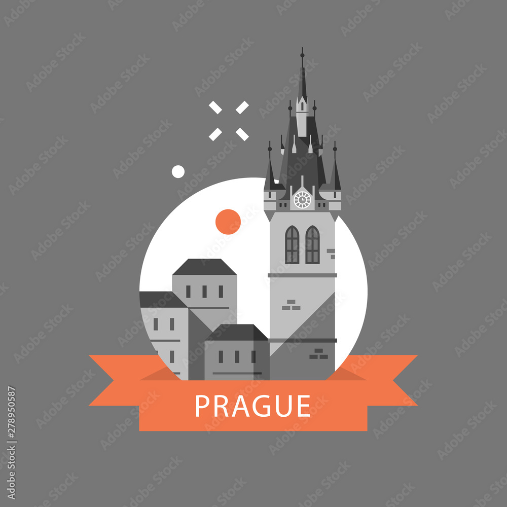 Prague symbol, old town, tower with clock and group of houses, Czech Republic travel destination