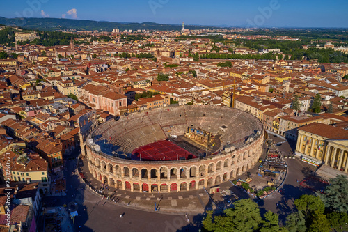 Photographing with drone. Arena in the city of Verona, Italy.