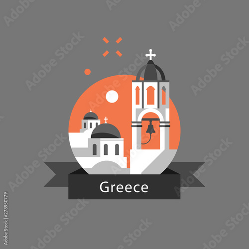 Greek architecture, Greece travel destination, Santorini white and blue houses with dome roof stylized concept, bell tower