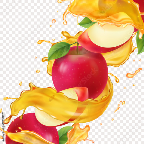 Apple fresh juice realistic illustration Vitamin sweet liquid flowing in motion and red apple slices