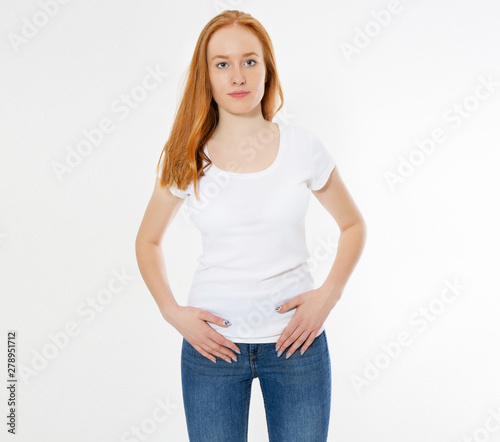 Beautiful happy red hair girl in white t-shirt isolated. Pretty smile red head woman in tshirt mock up, blank.