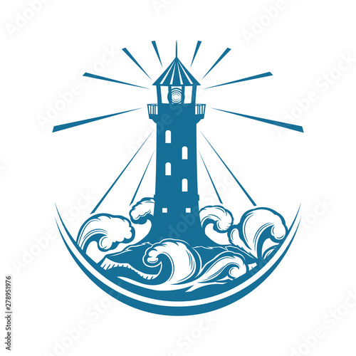 Blue lighthouse sign on a white background.
