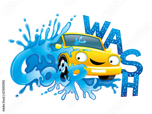 Car wash sign with yellow car and splash of water on white background.
