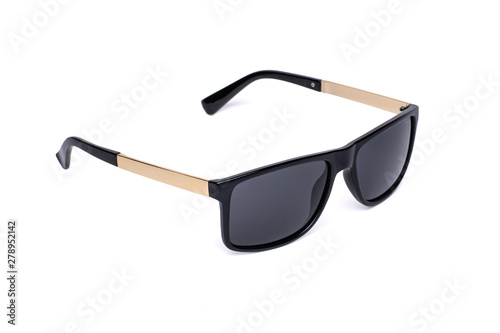 Stylish wayfarer sunglasses unisex black and gold. Cutout, isolated