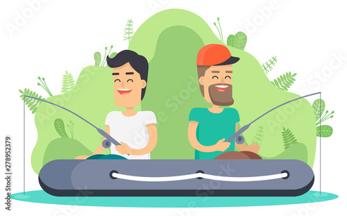 Friends sitting in inflatable boat, people spinning. Men holding fishing rod, fisher character, lake or river, reel equipment, active on water vector