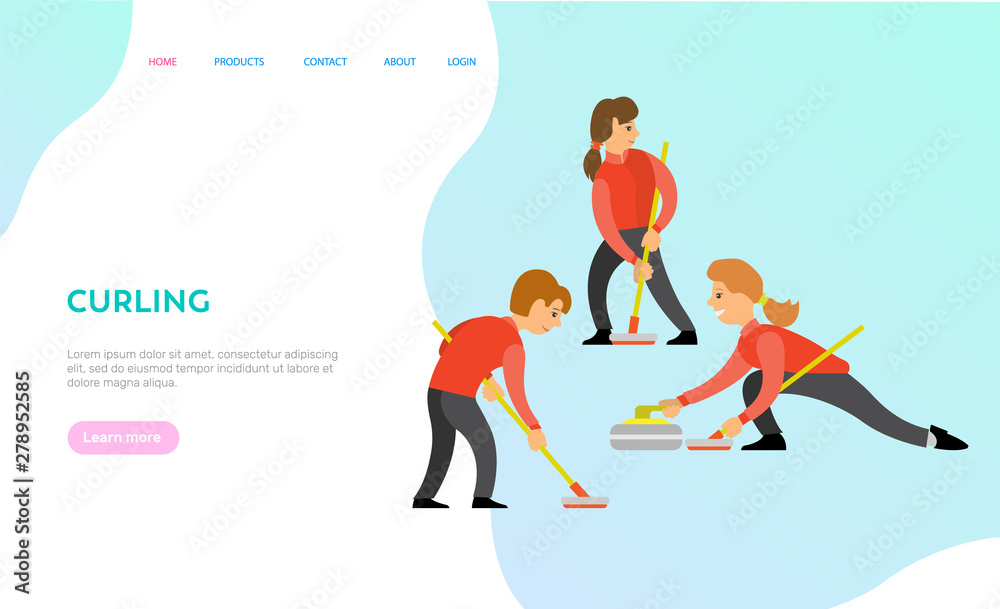 Curling vector, game participants, people playing in team together, competition of man and woman wearing uniforms and holding wooden sticks. Website or webpage template, landing page flat style