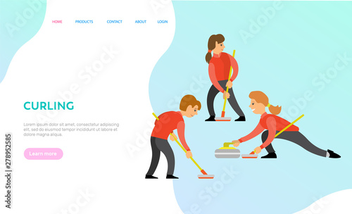 Curling vector  game participants  people playing in team together  competition of man and woman wearing uniforms and holding wooden sticks. Website or webpage template  landing page flat style