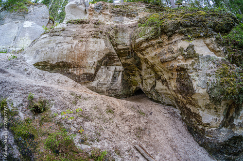 Sandstone cliffs of Sietiniezis on the shore of the river Gauja in Latvia