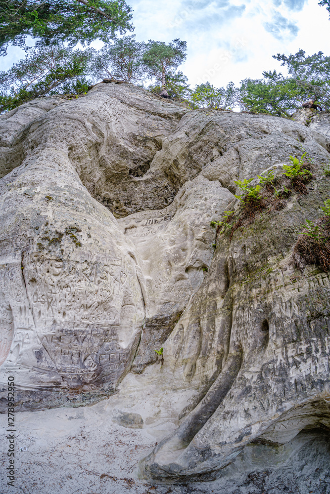 Sandstone cliffs of Sietiniezis on the shore of the river Gauja in Latvia