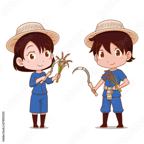 Cute couple cartoon of Thai farmers.