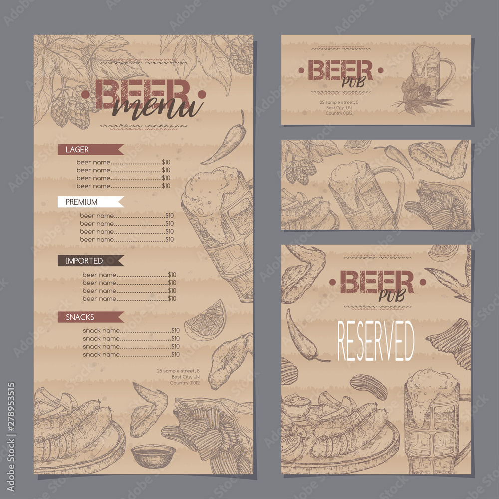 Naklejka premium Beer bar menu and card templates featuring beer mug, hop branch, wheat, chips, chicken wings and snack plate.