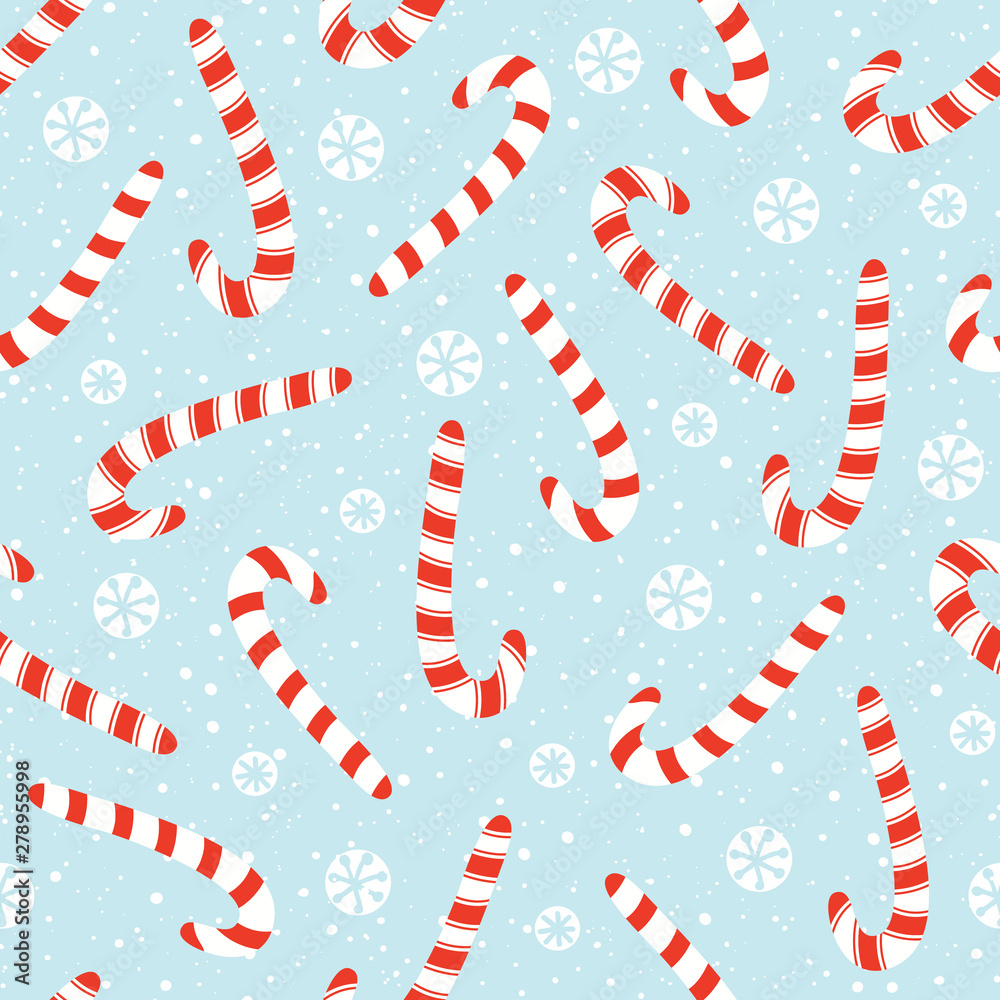 Obraz premium Colorful Hand Drawn Holiday Christmas and New Year Candy Canes and White Snowflakes Vector Seamless Pattern