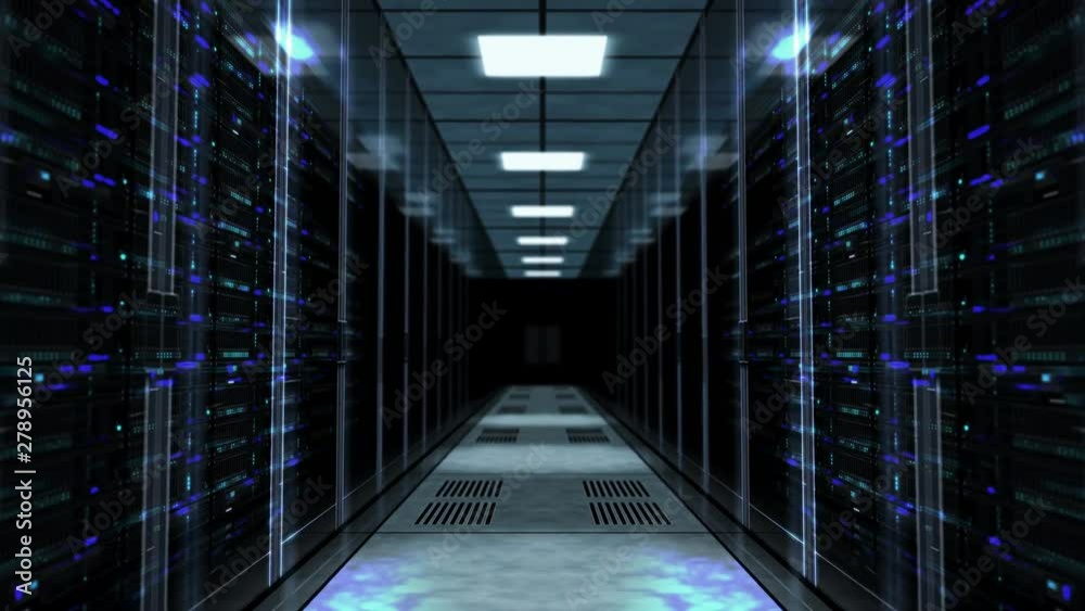 Artificial intelligence computer centre. Loopable and seamless flight between racks in server room with flickering lights. Data storage, technology development, isp and working supercomputer concept.