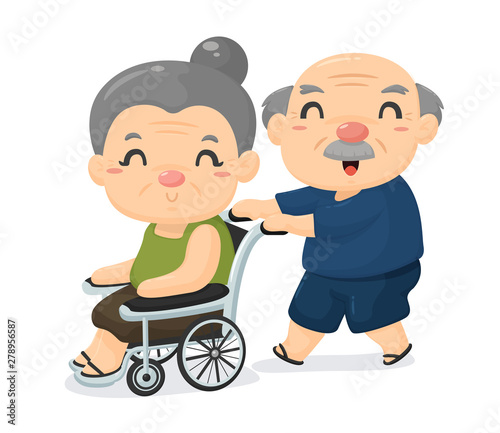 Elderly society Cartoon, old age lovers care for each other when sick.