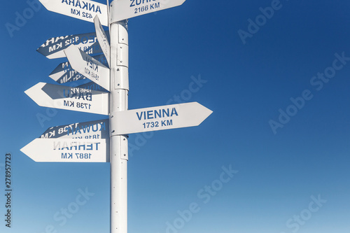 Sign indicating directions and distances to different cities of the world. The direction of the cities on the background of blue sky. Observation deck at the top of Tahtali mountain. Kemer, Turkey