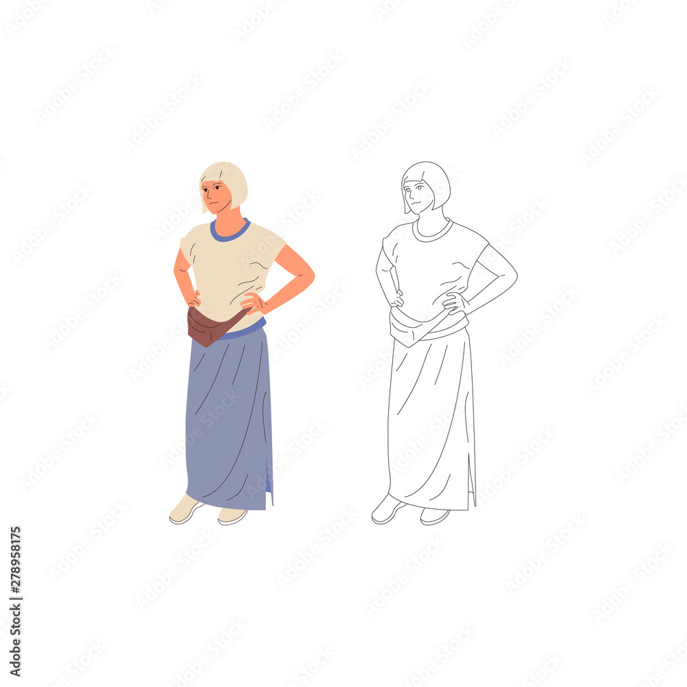 Obraz premium Standing young girl character in dress, with waist bag, casual outfit. Isolated on white. Flat style colorful and monochrome cartoon stock vector illustration.