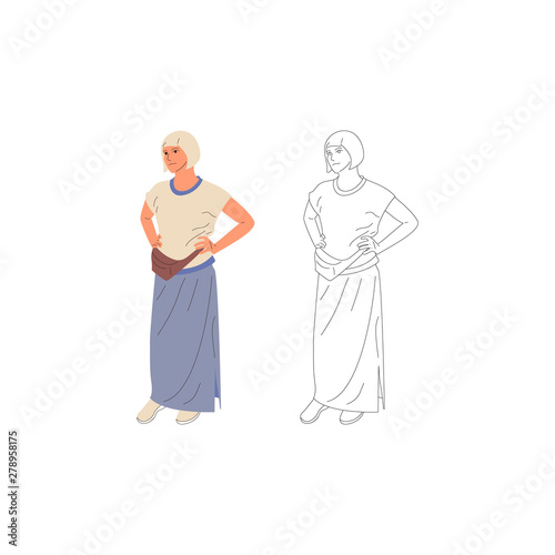 Standing young girl character in dress, with waist bag, casual outfit. Isolated on white. Flat style colorful and monochrome cartoon stock vector illustration.
