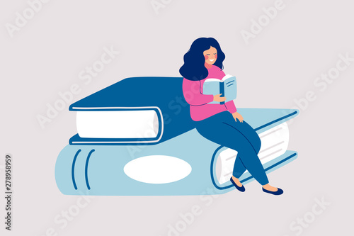 Female reader sits on pile of giant books and reads. Cartoon vector illustration with student or literature fan, professional career establishment basics.