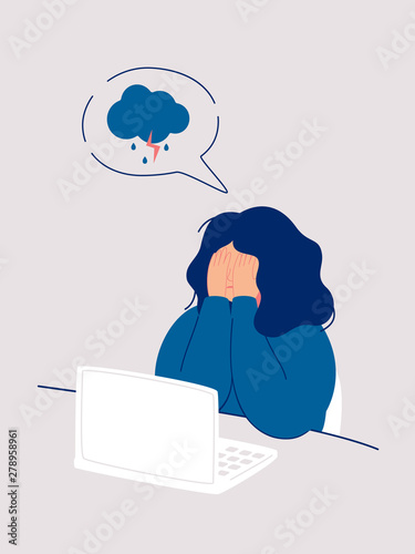 Young woman cries covering her face with her hands sitting under rainy and stormy cloud. Girl feels headache and depression weeping emotions grief. Vector illustration isolated from white background