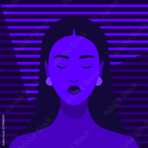 Portrait of a girl in depression. Sad, dark and gloomy avatar of a young woman with closed eyes. Vector flat illustration