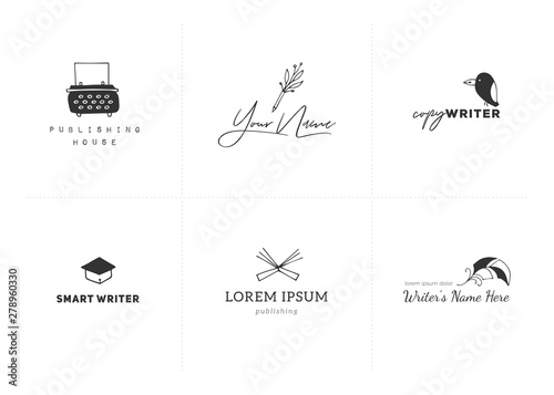 Set of vector hand drawn logo templates. Writing, publishing and copywrite theme.