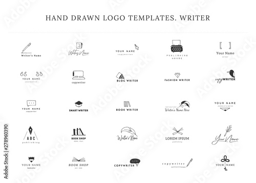 Writing, publishing and copywrite theme. Set of hand drawn vector logo templates.