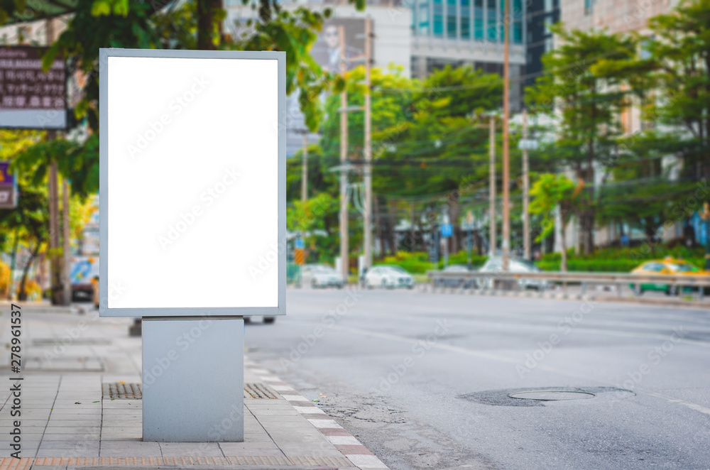 blank billboard advertising banner at outdoor in city side road. vertical  digital LED poster mock up display board ad sign on path way on street.  Stock Photo | Adobe Stock