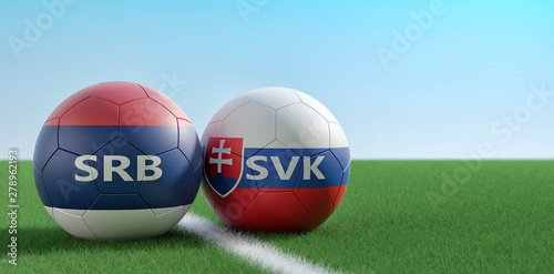 Slovakia vs. Serbia Soccer Match - Soccer balls in Slovakia and Serbias national colors on a soccer field. Copy space on the right side - 3D Rendering 