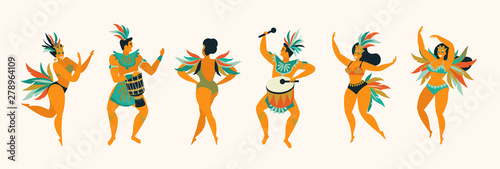 Brazilian samba posters. Carnival in Rio de Janeiro dancers wearing a festival costume is dancing.