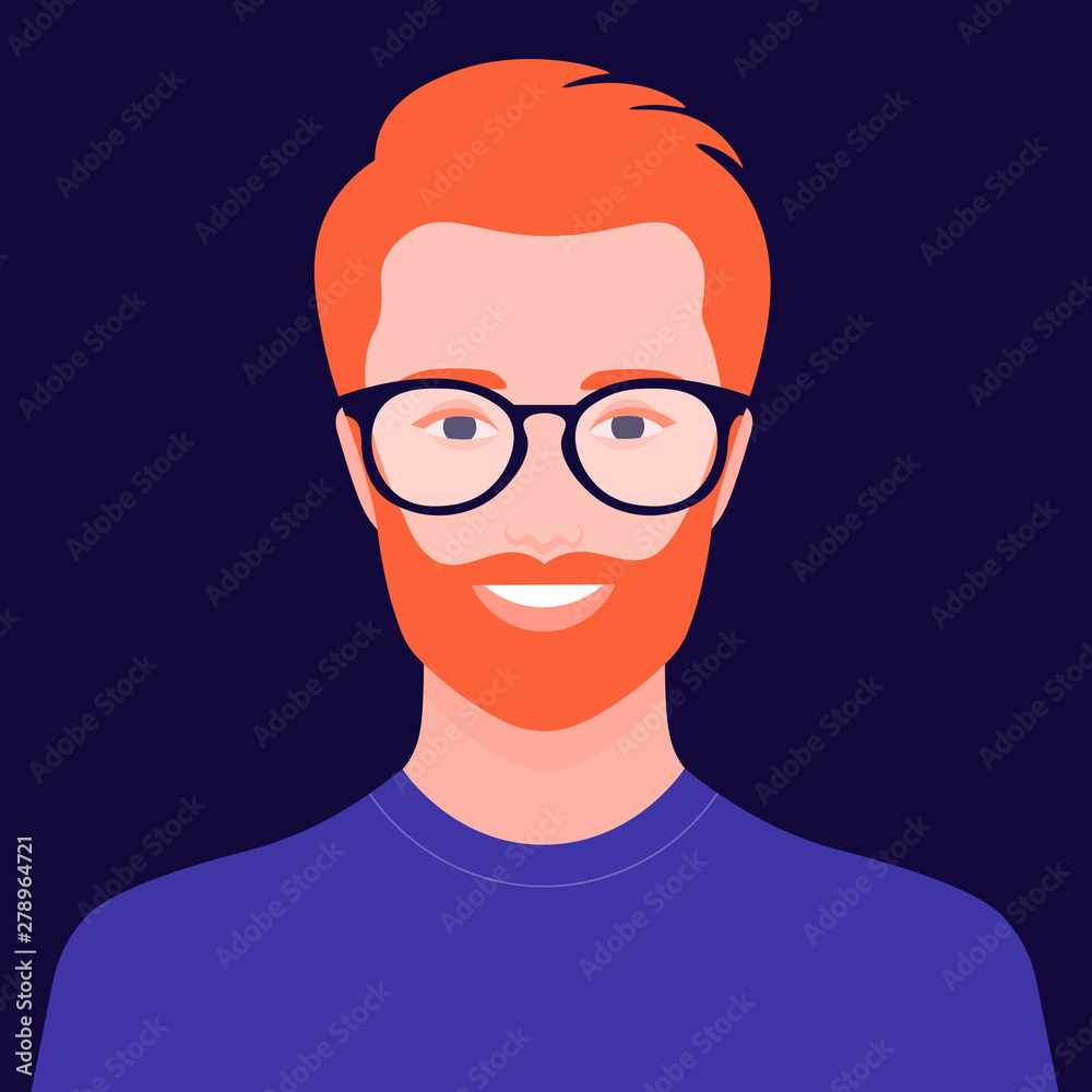 Portrait of a European man with red hair. Avatar of a bearded guy with glasses. Happy face. Vector flat illustration