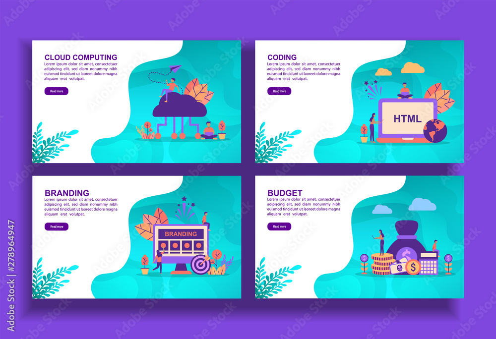 Fototapeta premium Set of modern flat design templates for Business, cloud computing, coding, branding, budget. Easy to edit and customize. Modern Vector illustration concepts for business
