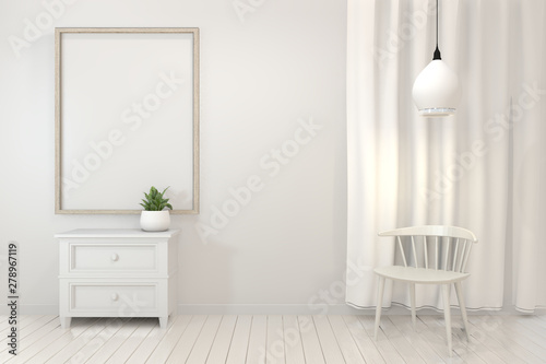 Mock up poster frame and cabinet and decoration plants on white room minimal design.3D rendering