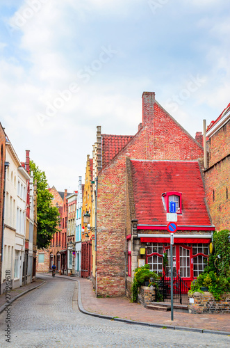 Beautiful narrow streets and traditional houses in the old town of Bruges  Brugge   Belgium