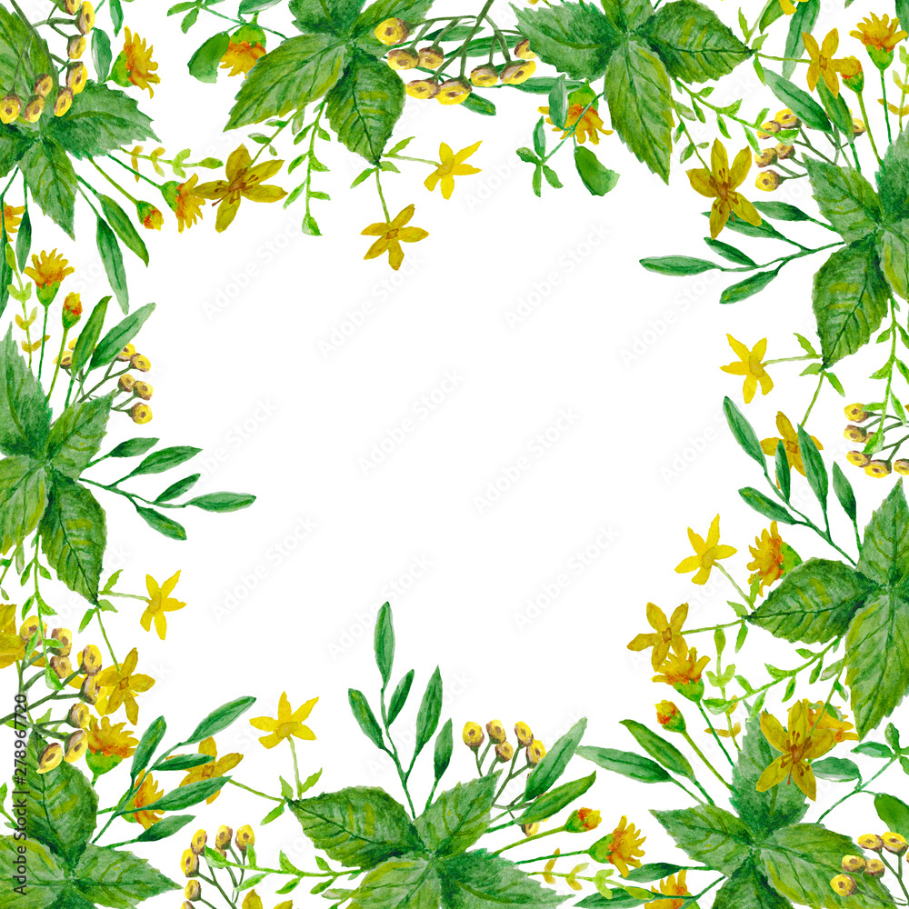 Watercolor. Green leaves and twigs, yellow flowers. Composition for cards, invitations wedding , and decoration.