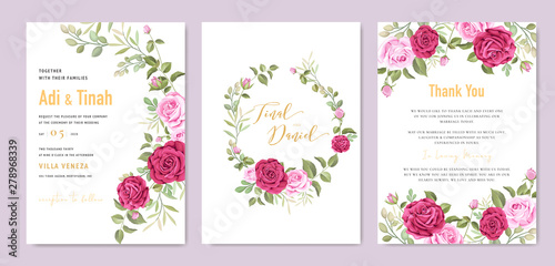 wedding invitation card with floral and leaves wreath template